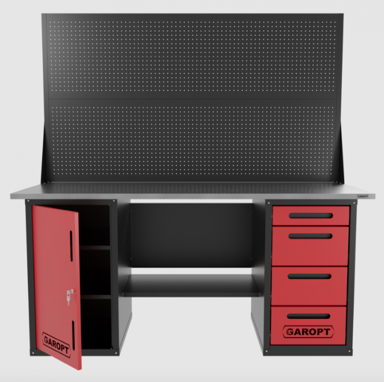 Верстак двухтумбовый дверь/4 ящиков с двумя экранами, красный 1800*700 Garopt, GT1800DY4PP2.red Верстак двухтумбовый дверь/4 ящиков с двумя экранами, красный 1800*700 Garopt, GT1800DY4PP2.red