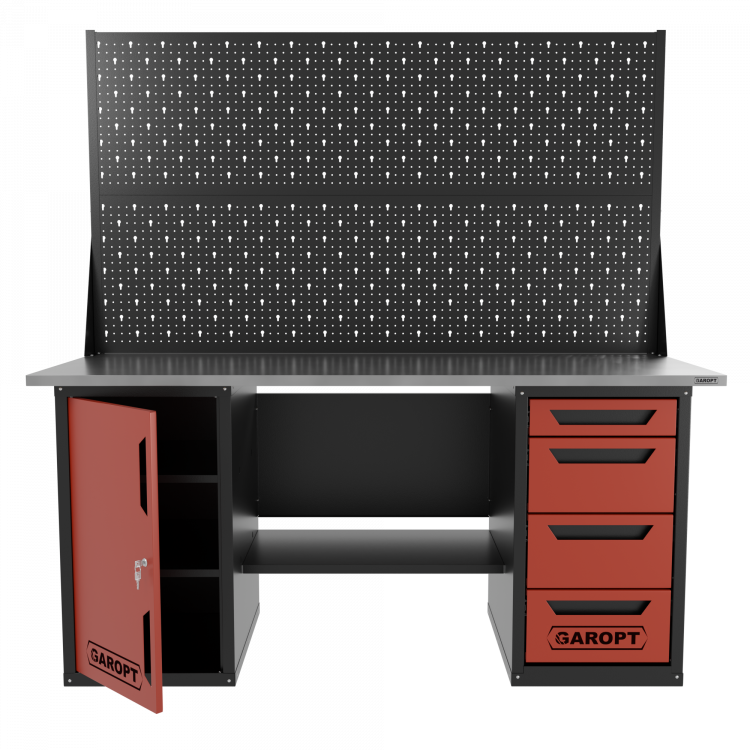 Верстак двухтумбовый дверь/4 ящиков с двумя экранами, красный 1800*700 Garopt, GT1800DY4PP2.red
