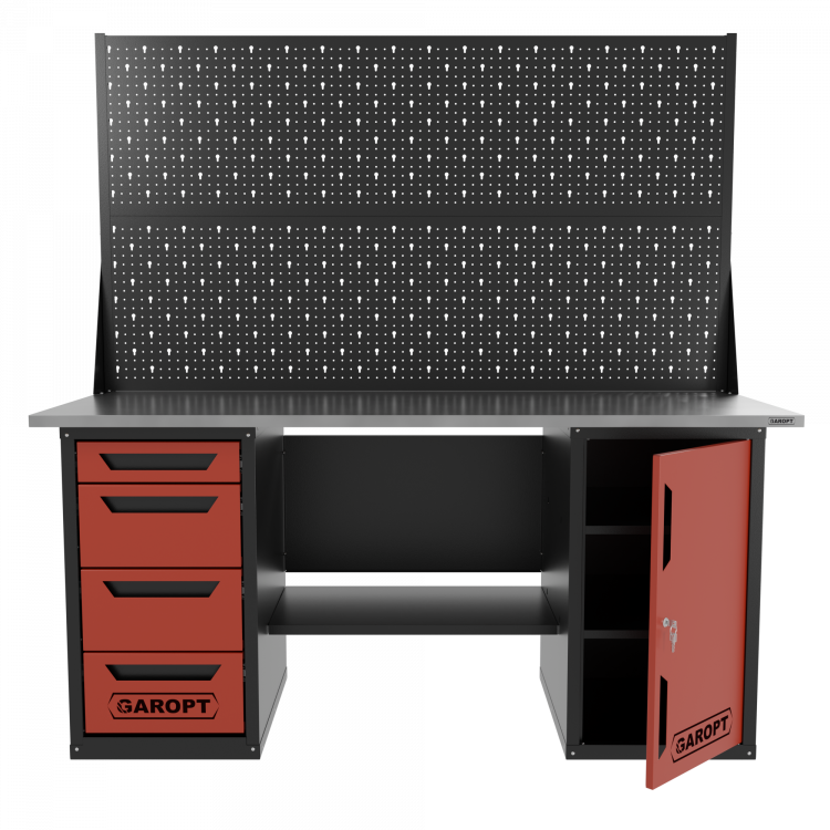 Верстак двухтумбовый дверь/4 ящиков с двумя экранами, красный 1800*700 Garopt, GT1800DY4PP2.red