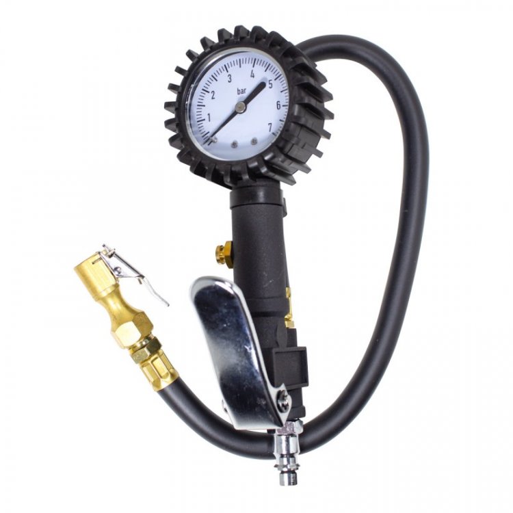 Пистолет для подкачки шин с аналоговым манометром и шлангом Profi+набор аксессуаров(0-7bar,колпачки-4шт,ниппеля-4шт,фум лента)