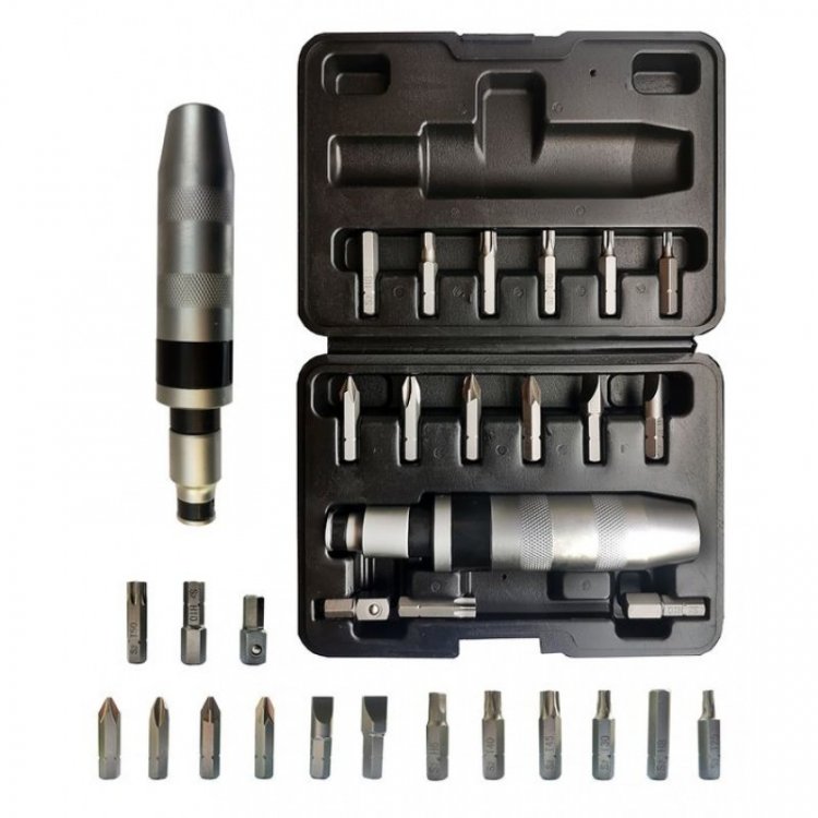 Отвертка ударная с набором бит и адаптерами,17пр.1/2"(F)х5/16"(F) 5/16"(М)x1/2"(М)(PH2,3;PZ2,3;SL9,11мм;Torx 25,30,40,45,50;Hex 6,8,10ммх36мм)в кейсе