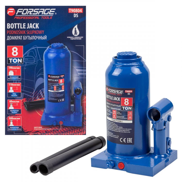 Домкрат гидравлический бутылочный, 8т (с предохранительным клапаном, минимальная высота: 190 мм, ход штока: 110 мм, ход винта: 60 мм, максимальная выс Домкрат гидравлический бутылочный, 8т (с предохранительным клапаном, минимальная высота: 190 мм, ход штока: 110 мм, ход винта: 60 мм, максимальная выс