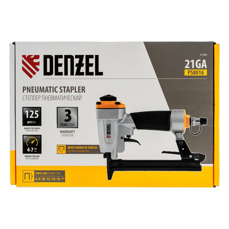 Степлер пневматический PS8016 для прямоугольных скоб 21GA от 6 до 16 мм// Denzel Степлер пневматический PS8016 для прямоугольных скоб 21GA от 6 до 16 мм// Denzel