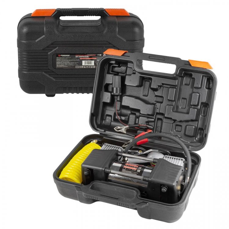 Компрессор поршневой автомобильный двухцилиндровый в пластиковом кейсе с цифровым манометром F-98 "FORSAGE" (65л/мин, 23А) 12V Компрессор поршневой автомобильный двухцилиндровый в пластиковом кейсе с цифровым манометром F-98 "FORSAGE" (65л/мин, 23А) 12V