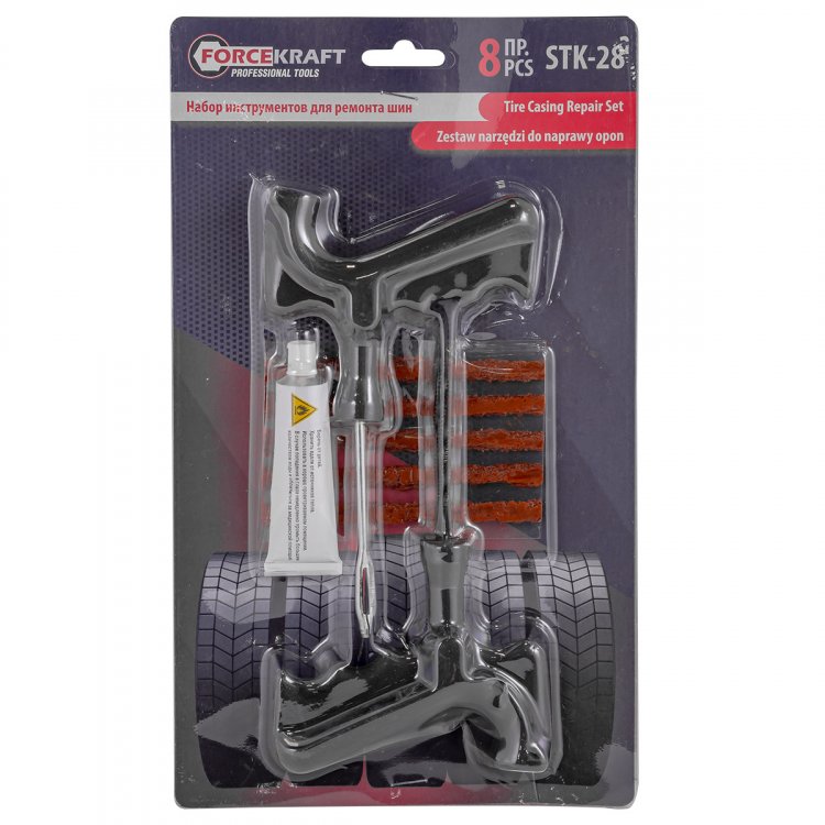 Набор инструментов для ремонта шин 8пр.(шило,протяжка-"мелкая спираль",шнуры-5шт,клей), в блистере