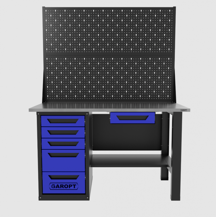 Верстак однотумбовый 5 ящиков с двумя экранами и ящиком, синий 1400*700 Garopt, GT1400STY1Y5PP2.blue