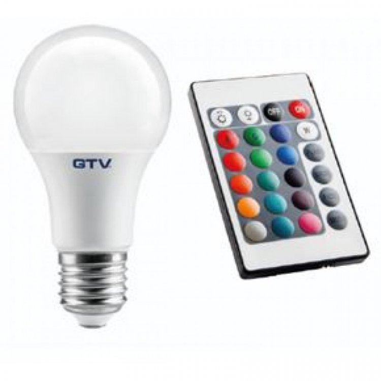 Лампочка светодиодная E27, RGB, A60, 8W, AC220-240V, 180град, 540lm, пульт ДУ