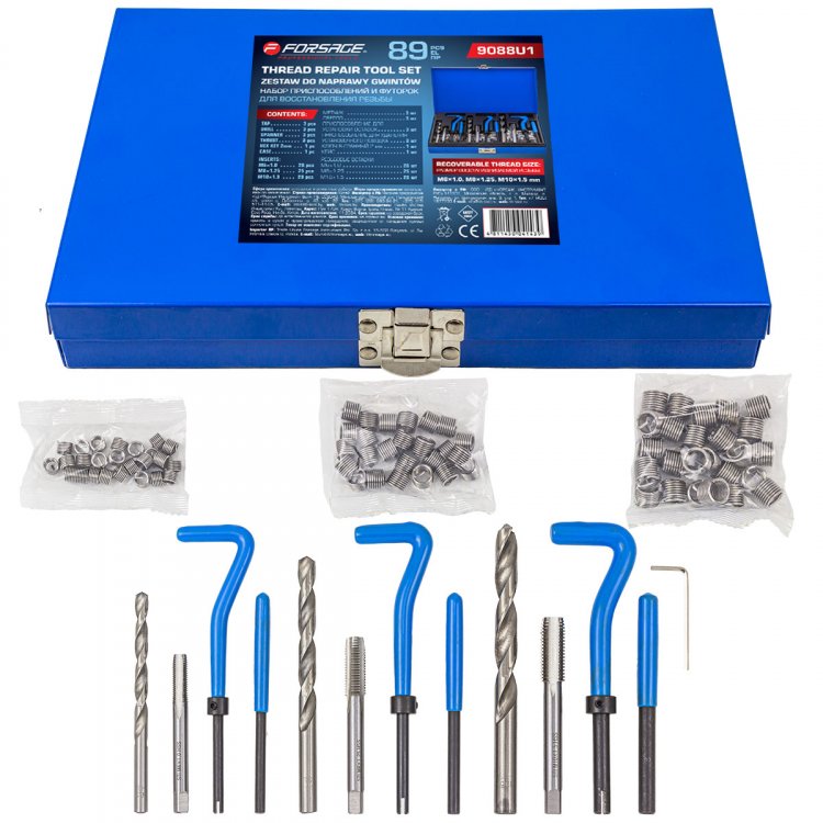 Набор приспособлений и футорок для восстановления резьбы(М6х1, М8х1.25, М10х1.25) 88пр., в металлическом кейсе