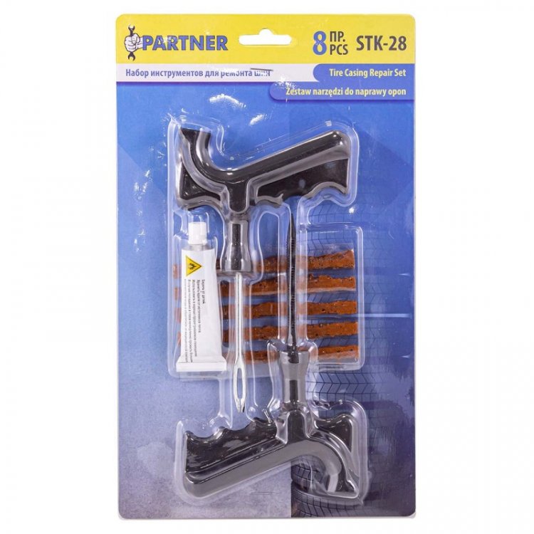 Набор инструментов для ремонта шин 8пр.(шило,протяжка-"мелкая спираль",шнуры-5шт,клей), в блистере Набор инструментов для ремонта шин 8пр.(шило,протяжка-"мелкая спираль",шнуры-5шт,клей), в блистере