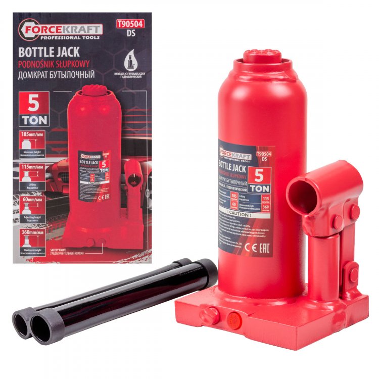 Домкрат гидравлический бутылочный, 5т (с предохранительным клапаном, минимальная высота: 185 мм, ход штока: 115 мм, ход винта: 60 мм, максимальная выс Домкрат гидравлический бутылочный, 5т (с предохранительным клапаном, минимальная высота: 185 мм, ход штока: 115 мм, ход винта: 60 мм, максимальная выс