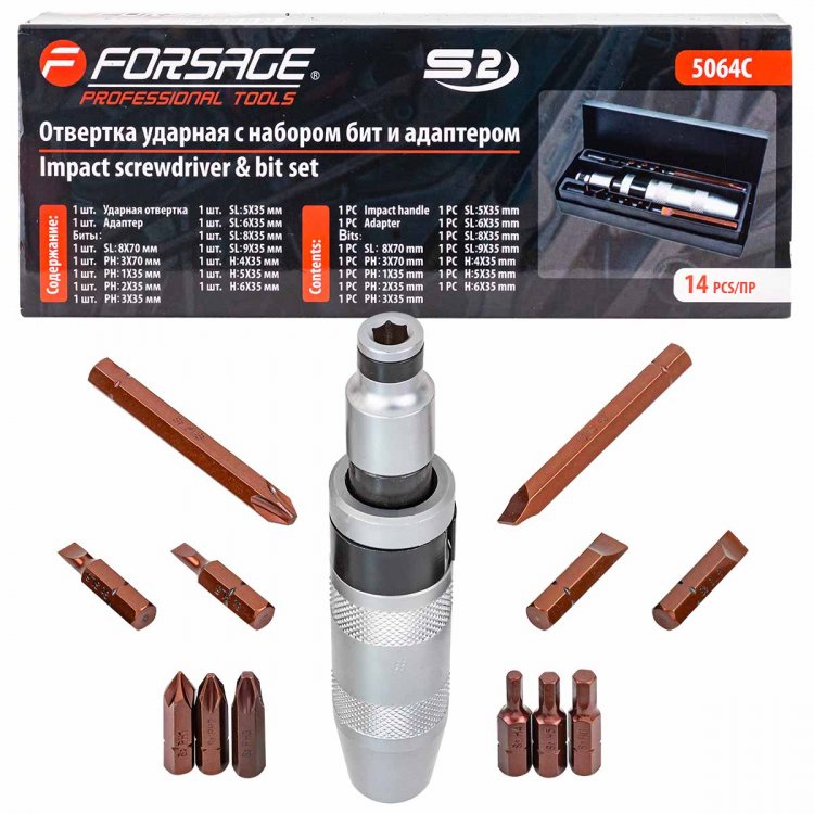Отвертка ударная с набором бит и адаптером,14пр.1/2"(F)х5/16"(F) (PH1,2,3х35мм; PH3х70мм; SL5,6,8,9х35мм; SL8х70мм; H4,5,6х35мм),в метал. кейсе