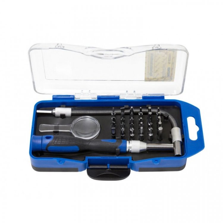 Отвертка-битодержатель телескопическая с гибким удлинителем и комплектом бит, 33пр.в пластиковом футляре