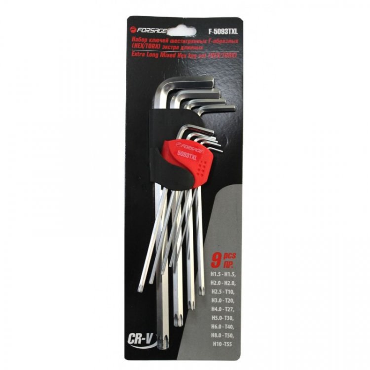 Набор ключей шестигранных 9пр.HEX/TORX, экстрадлинных (Hex: 1.5, 2, 2.5, 3, 4, 5, 6, 8, 10; Torx: T10, T20, T27, T30, T40, T50, T55)