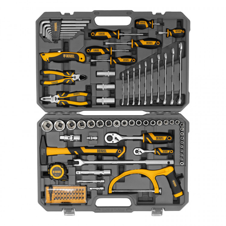 Набор инструментов, 1/2", 1/4", CrV, S2, пластиковый кейс, 100 предметов// Denzel