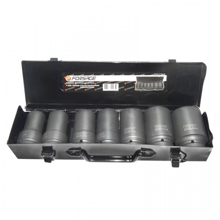 Набор головок ударных глубоких, 7пр. 1" 6гр.(24,27,30,32,36,41,46мм) в метал.кейсе Набор головок ударных глубоких, 7пр. 1" 6гр.(24,27,30,32,36,41,46мм) в метал.кейсе