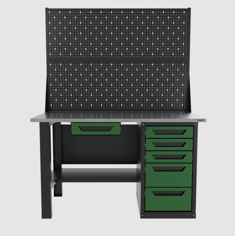 Верстак однотумбовый 5 ящиков с двумя экранами и ящиком, зеленый 1400*700 Garopt, GT1400STY1Y5PP2.green