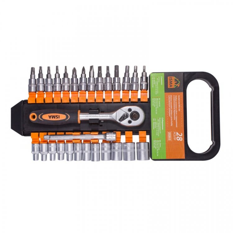 Набор головок и бит с трещоткой 28пр. 1/4''(4-13мм, Torx:T10,15,20,25,30, Hex:3-6мм,SL:4,5.5,7мм, PH1,2),в пластиковом держателе Набор головок и бит с трещоткой 28пр. 1/4''(4-13мм, Torx:T10,15,20,25,30, Hex:3-6мм,SL:4,5.5,7мм, PH1,2),в пластиковом держателе