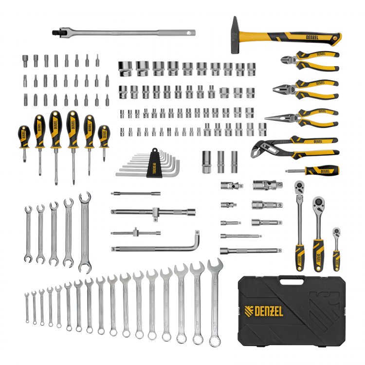 Набор инструментов, 1/2", 1/4", 3/8", CrV, S2, пластиковый кейс, 144 предмета// Denzel