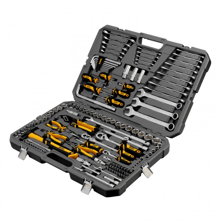 Набор инструментов, 1/2", 1/4", 3/8", CrV, S2, пластиковый кейс, 144 предмета// Denzel