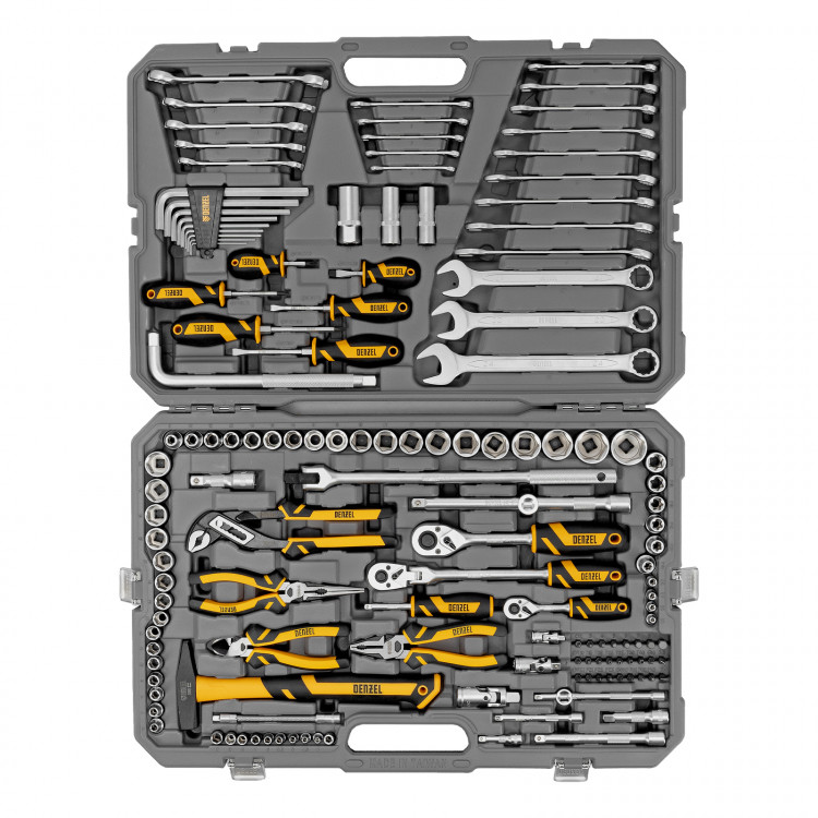 Набор инструментов, 1/2", 1/4", 3/8", CrV, S2, пластиковый кейс, 144 предмета// Denzel Набор инструментов, 1/2", 1/4", 3/8", CrV, S2, пластиковый кейс, 144 предмета// Denzel