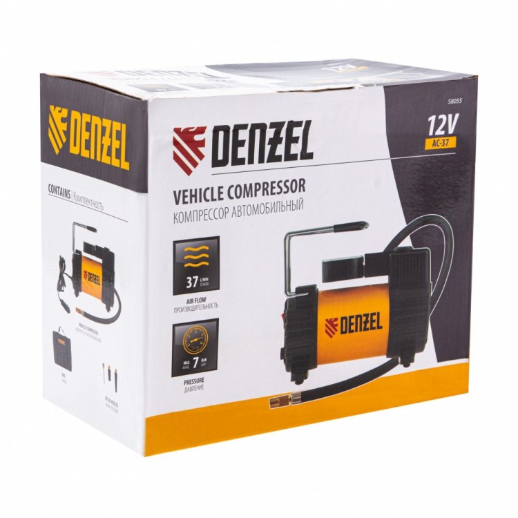 Компрессор автомобильный AC-37, 12 В, 7 атм., 37 л/мин, автомоб. предохранитель// Denzel Компрессор автомобильный AC-37, 12 В, 7 атм., 37 л/мин, автомоб. предохранитель// Denzel