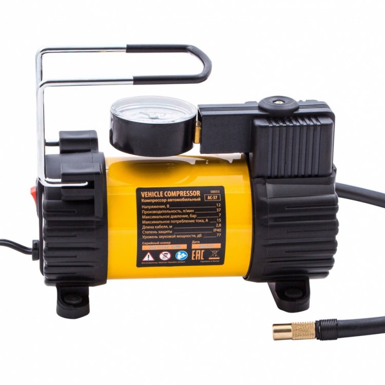 Компрессор автомобильный AC-37, 12 В, 7 атм., 37 л/мин, автомоб. предохранитель// Denzel Компрессор автомобильный AC-37, 12 В, 7 атм., 37 л/мин, автомоб. предохранитель// Denzel