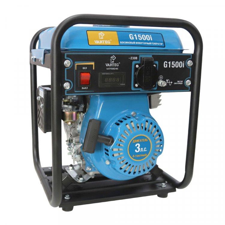 Бензиновый инверторный генератор VARTEG G1500i - Бензиновый инверторный генератор VARTEG G1500i (1,2 - 1,4 кВт / 3 л.с. / топливный бак 4 л / МФД 4в1 / маслодатчик / 1 * 16А) (арт. 8451)
