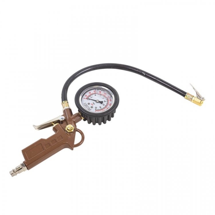 Пистолет для подкачки шин с аналоговым манометром и шлангом (0-16bar, манометр заполнен глицерином), в блистере Пистолет для подкачки шин с аналоговым манометром и шлангом (0-16bar, манометр заполнен глицерином), в блистере