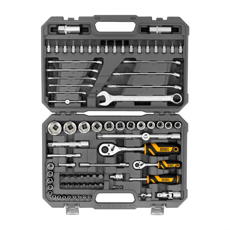 Набор инструментов, 1/2", 1/4", CrV, S2, пластиковый кейс, 82 предмета// Denzel
