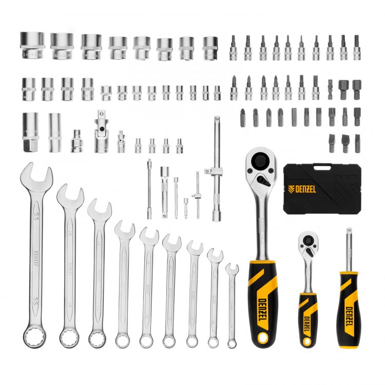 Набор инструментов, 1/2", 1/4", CrV, S2, пластиковый кейс, 82 предмета// Denzel