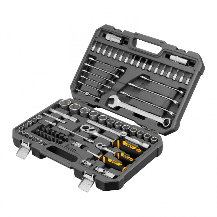 Набор инструментов, 1/2", 1/4", CrV, S2, пластиковый кейс, 82 предмета// Denzel