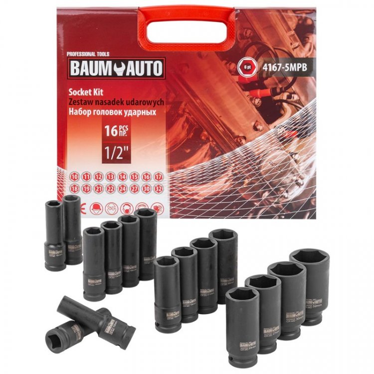 Набор головок ударных глубоких 16пр. 1/2'' 6гр.(10-19,21,22,24,27,30,32мм)в кейсе Набор головок ударных глубоких 16пр. 1/2'' 6гр.(10-19,21,22,24,27,30,32мм)в кейсе