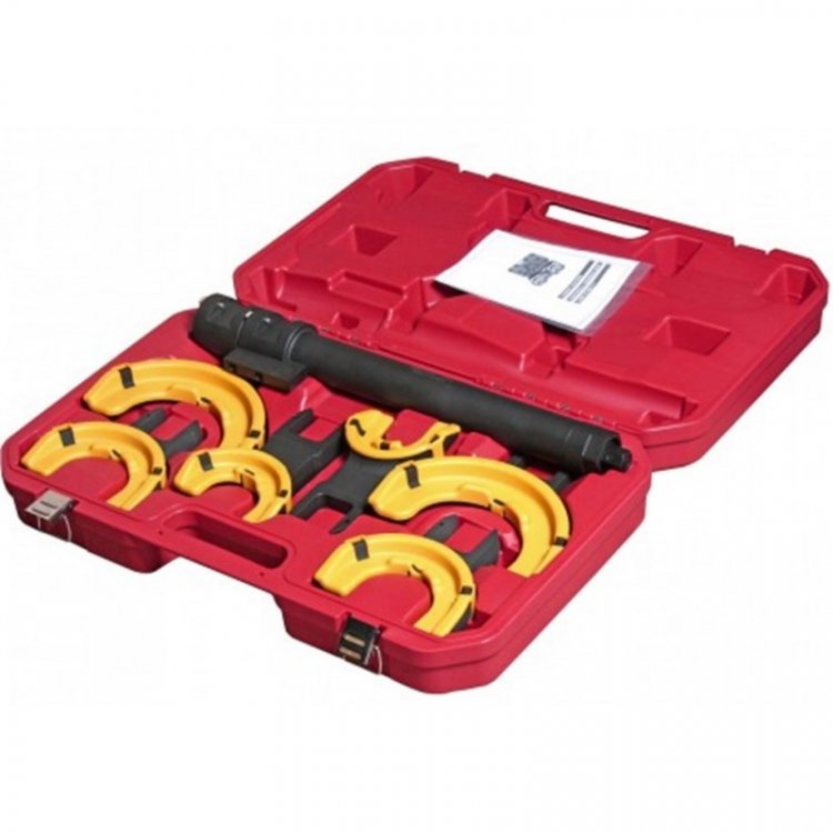 Стяжка пружин усиленная с 3-мя парами захватов и пластиковыми накладками, 7пр.(раб. диапазон:80-317мм, диаметры захватов: 80/110/165 мм),в кейсе