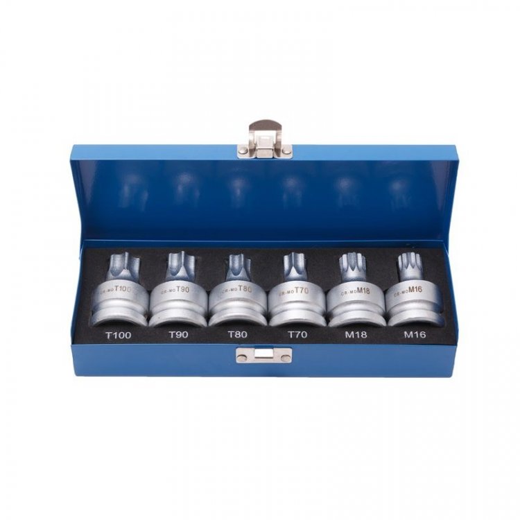 Набор головок Torx, Spline с отверстием 3/4" 6пр.(Т70, Т80, Т90, Т100, М16, М18), в кейсе