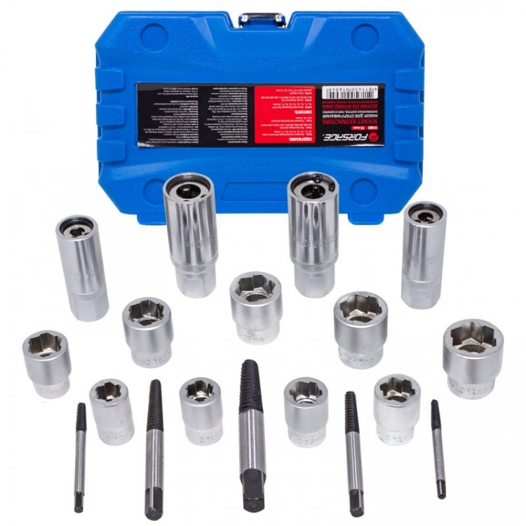 Набор для откручивания заломанных болтов, гаек и шпилек 18пр.(головки-экстракторы 10-17,19мм,экстракторы М3-М18,шпильковерты 6,8,10,12мм),в кейсе