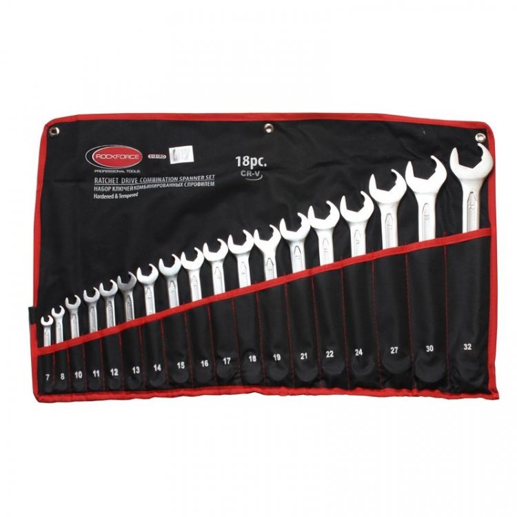 Набор ключей комбинированных с профилем "Ratchet Drive"-"быстрый ключ", 18пр. (7, 8, 10-19, 21, 22, 24, 27, 30, 32мм), на полотне