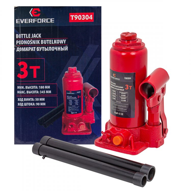 Домкрат бутылочный 3т с клапаном (h min-180мм, h max-345мм, ход штока-115мм, ход винта-50мм) Домкрат бутылочный 3т с клапаном (h min-180мм, h max-345мм, ход штока-115мм, ход винта-50мм)