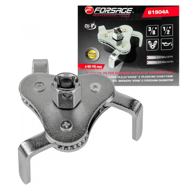 Съемник масляного  фильтра "краб" с "плоским захватом" 3/8"+адаптер 3/8"Мх1/2F (диаметр 60-115мм)