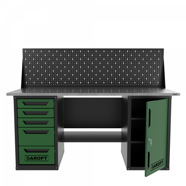 Верстак двухтумбовый дверь/5 ящиков с экраном, зеленый 1800*700 Garopt, GT1800DY5PP.green