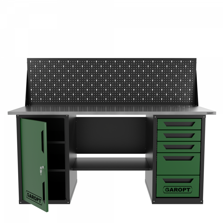 Верстак двухтумбовый дверь/5 ящиков с экраном, зеленый 1800*700 Garopt, GT1800DY5PP.green