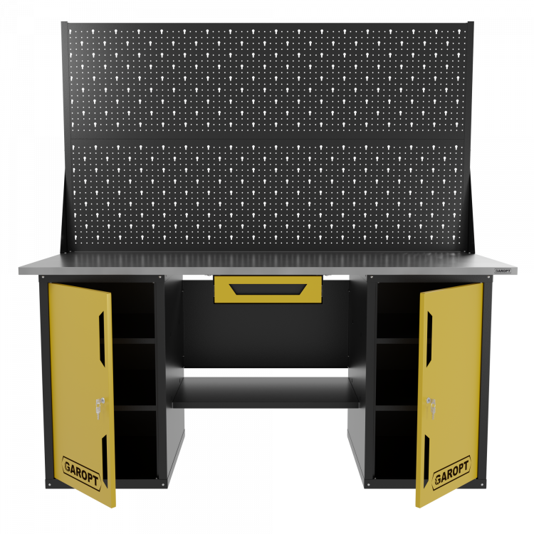 Верстак двухтумбовый с двумя экранами и ящиком, желтый 1800*700 Garopt, GT1800DDY1PP2.yell