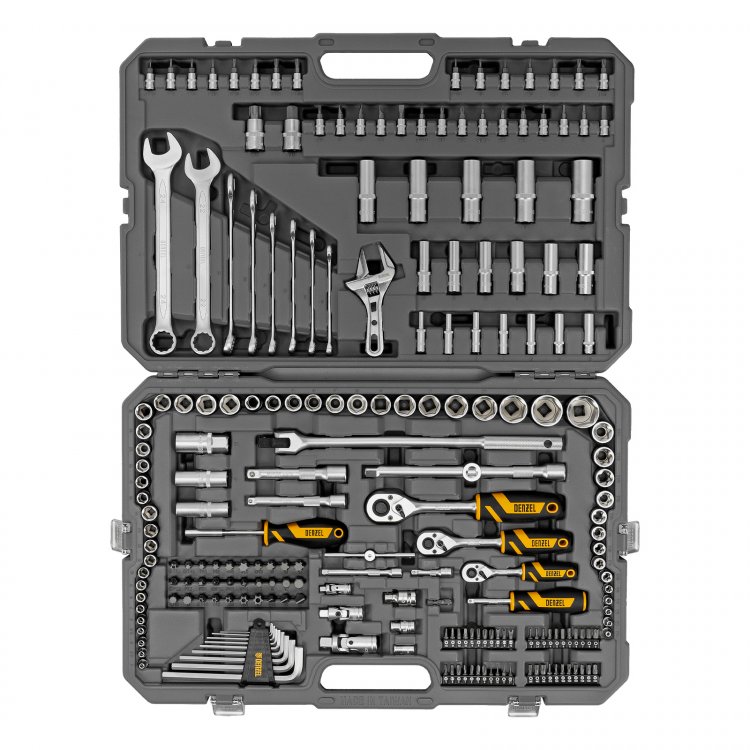 Набор инструментов, 1/2", 1/4", 3/8", CrV, S2, пластиковый кейс, 216 предметов// Denzel Набор инструментов, 1/2", 1/4", 3/8", CrV, S2, пластиковый кейс, 216 предметов// Denzel