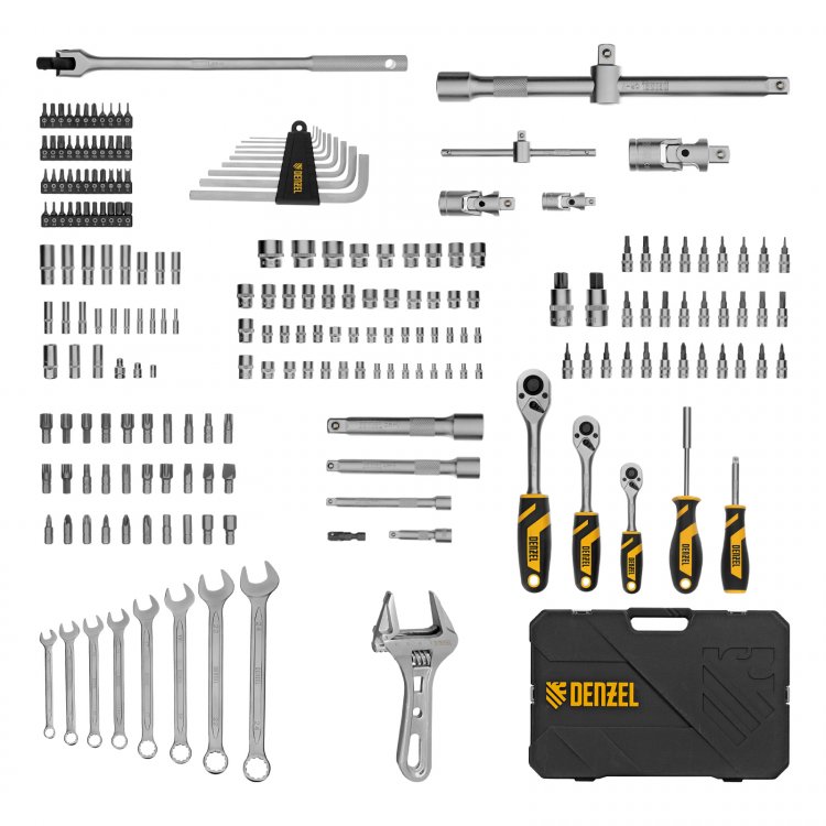 Набор инструментов, 1/2", 1/4", 3/8", CrV, S2, пластиковый кейс, 216 предметов// Denzel Набор инструментов, 1/2", 1/4", 3/8", CrV, S2, пластиковый кейс, 216 предметов// Denzel