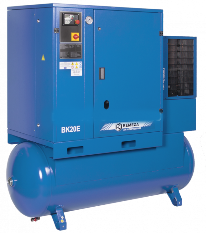 Винтовой компрессор ВК20Е-10-500Д, ресивер 500 литров , производительность 2100л/мин,  рабочее давление 10 бар, мощность двигателя 15кВт, вес 570 кг, габариты 1930x810x1780мм. REMEZA, Республика Беларусь