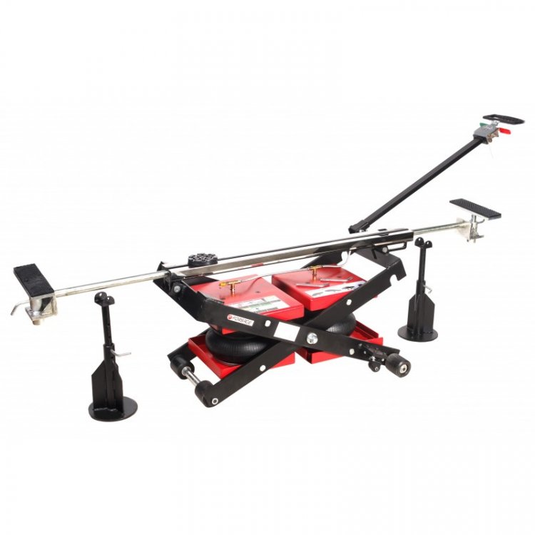 Домкрат двойной пневматический подкатной в комплекте со страховочными стойками 2.5т (две подушки, высота подхвата - 138мм, высота подъема - 550мм) Домкрат двойной пневматический подкатной в комплекте со страховочными стойками 2.5т (две подушки, высота подхвата - 138мм, высота подъема - 550мм)