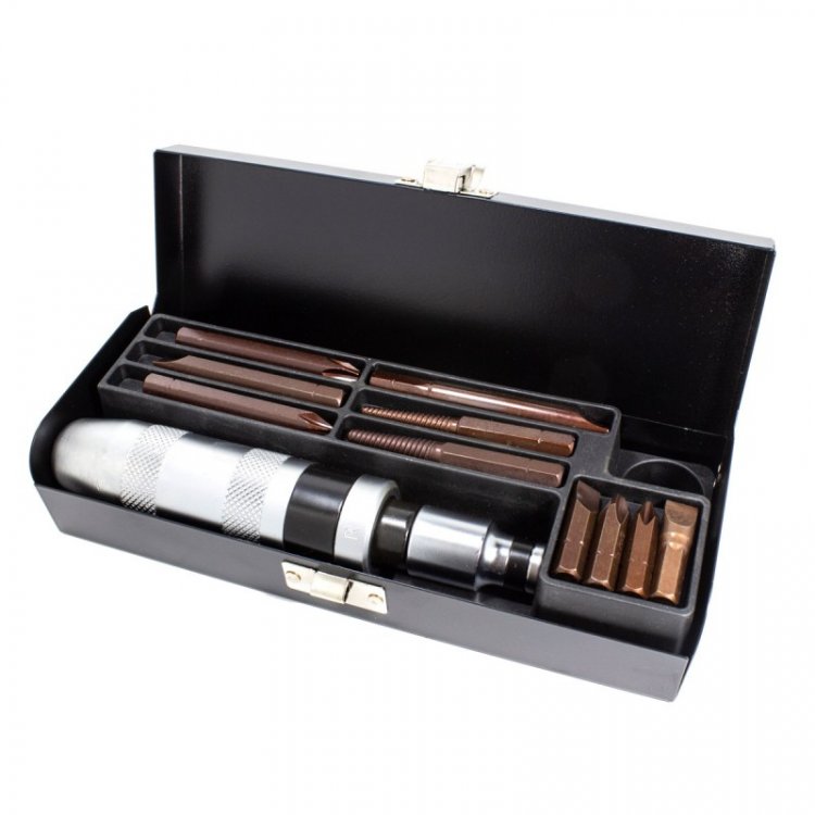 Отвертка ударная с набором бит и адаптером 12пр.1/2"(F)х5/16"(F)+экстракторы №3,4(PH2,3х35мм; PH2,3х70мм; SL8,10х35мм ; SL8х70,10х80мм),в метал. кейсе