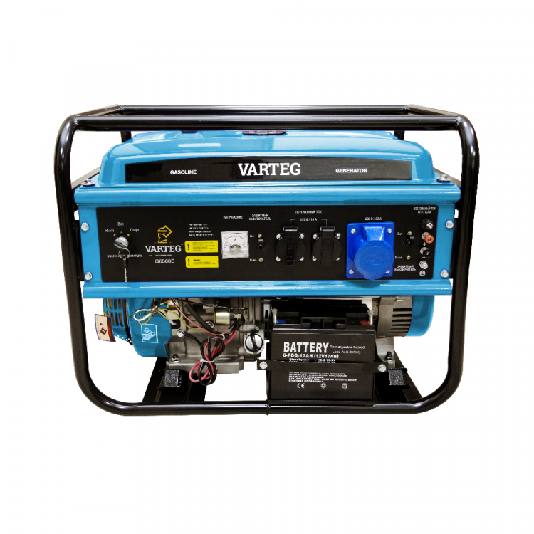 Бензиновый генератор Varteg G6500 E - Бензиновый генератор Varteg G6500 (6.0 кВт / 6.5 кВт; 4Т двигатель 190F 420 куб.см 15 л.с.; алюминий; 2*230В/16А + 1*230В/32А + 12В/5А; старт с ключа; стрелочный вольтметр; бак 25л) (арт. 5821) Бензиновый генератор Varteg G6500 E - Бензиновый генератор Varteg G6500 (6.0 кВт / 6.5 кВт; 4Т двигатель 190F 420 куб.см 15 л.с.; алюминий; 2*230В/16А + 1*230В/32А + 12В/5А; старт с ключа; стрелочный вольтметр; бак 25л) (арт. 5821)