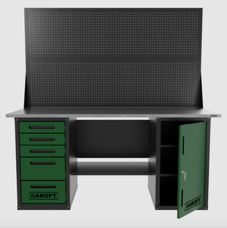 Верстак двухтумбовый дверь/5 ящиков с двумя экранами, зеленый 1800*700 Garopt, GT1800DY5PP2.green Верстак двухтумбовый дверь/5 ящиков с двумя экранами, зеленый 1800*700 Garopt, GT1800DY5PP2.green