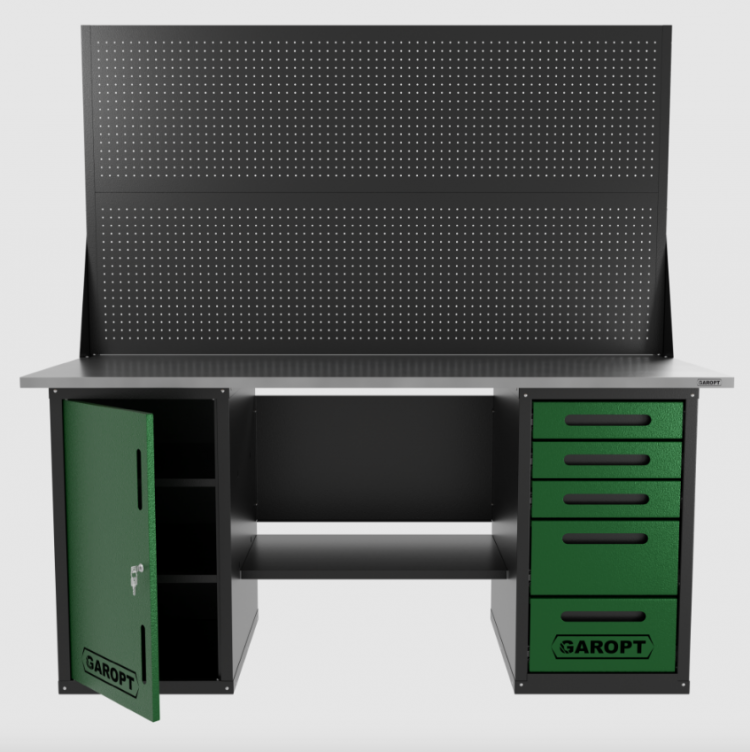 Верстак двухтумбовый дверь/5 ящиков с двумя экранами, зеленый 1800*700 Garopt, GT1800DY5PP2.green Верстак двухтумбовый дверь/5 ящиков с двумя экранами, зеленый 1800*700 Garopt, GT1800DY5PP2.green