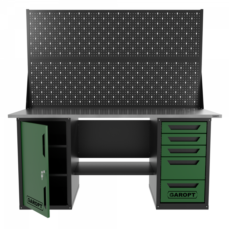 Верстак двухтумбовый дверь/5 ящиков с двумя экранами, зеленый 1800*700 Garopt, GT1800DY5PP2.green